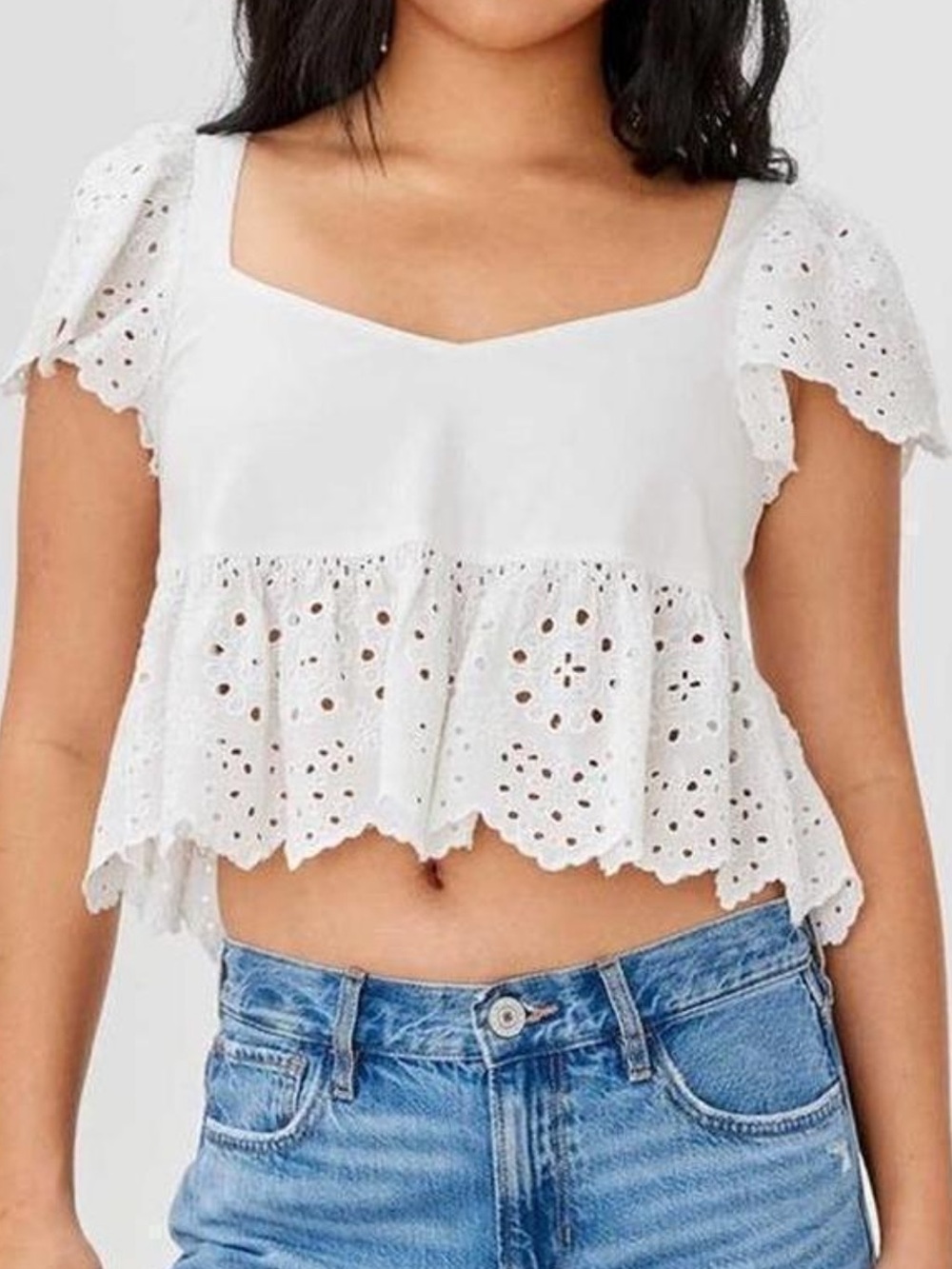 American Eagle White Eyelet Flutter Cropped Baby Blouse